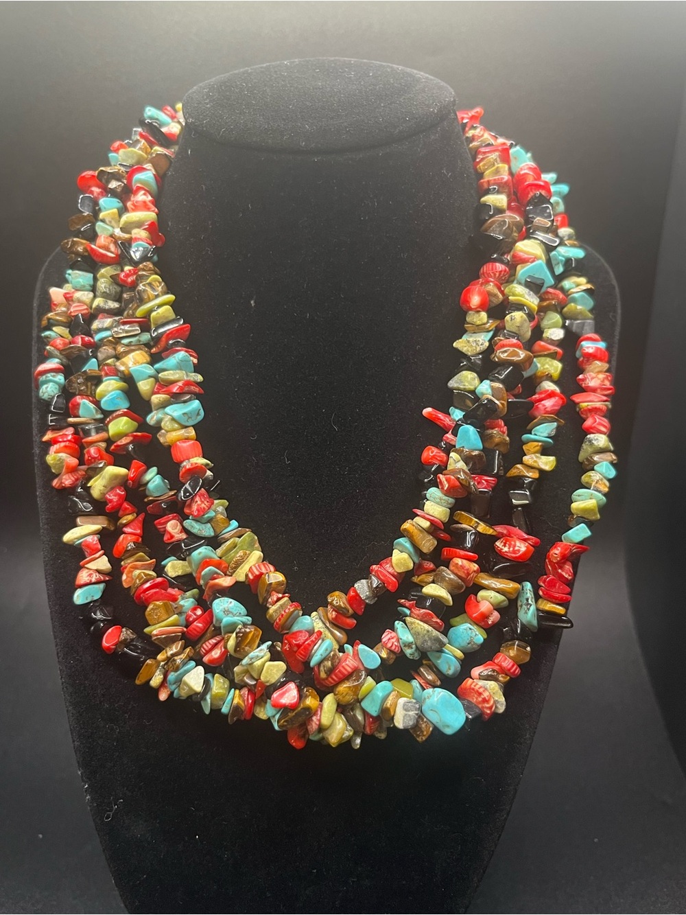 Multi Strand Gemstone Chip Necklace Turquoise Coral Tiger Eye Boho - Picture 6 of 10
